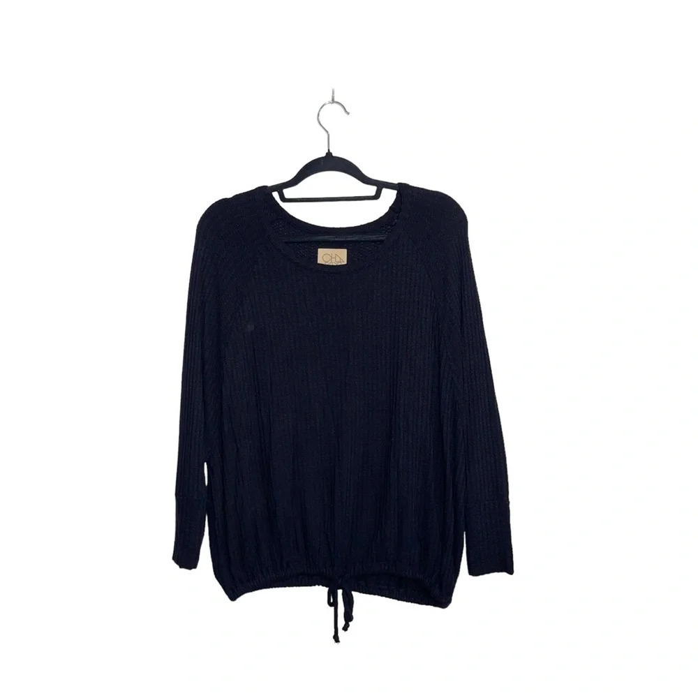Chaser Solid Black Tie Hem Dolman Sleeve Waffle Knit Relaxed Top Medium Women’s
